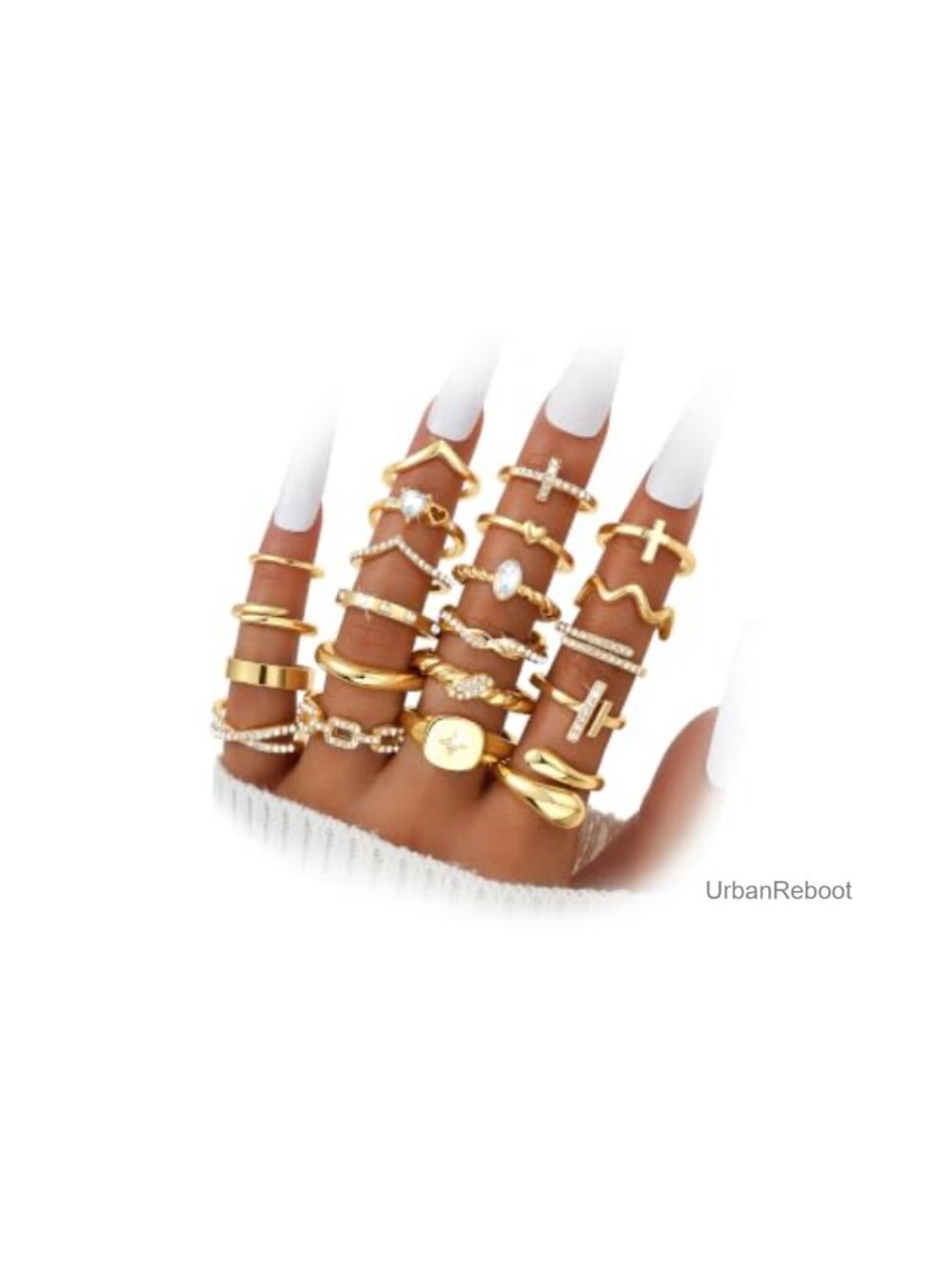 Gold Plated Chunky Crystal Stacking Rings Set for Women – 21 Pieces